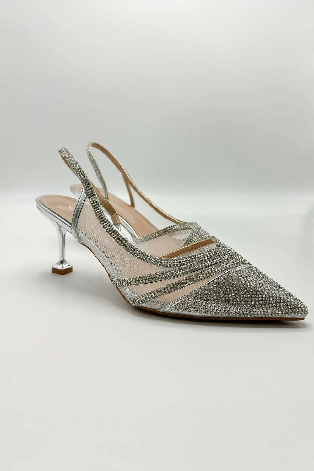 Jenn Mesh Detail Diamante Embellished Court Shoes in Silver