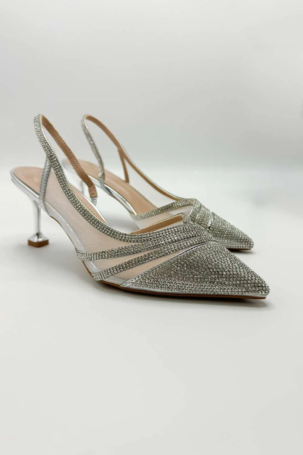 Jenn Mesh Detail Diamante Embellished Court Shoes in Silver