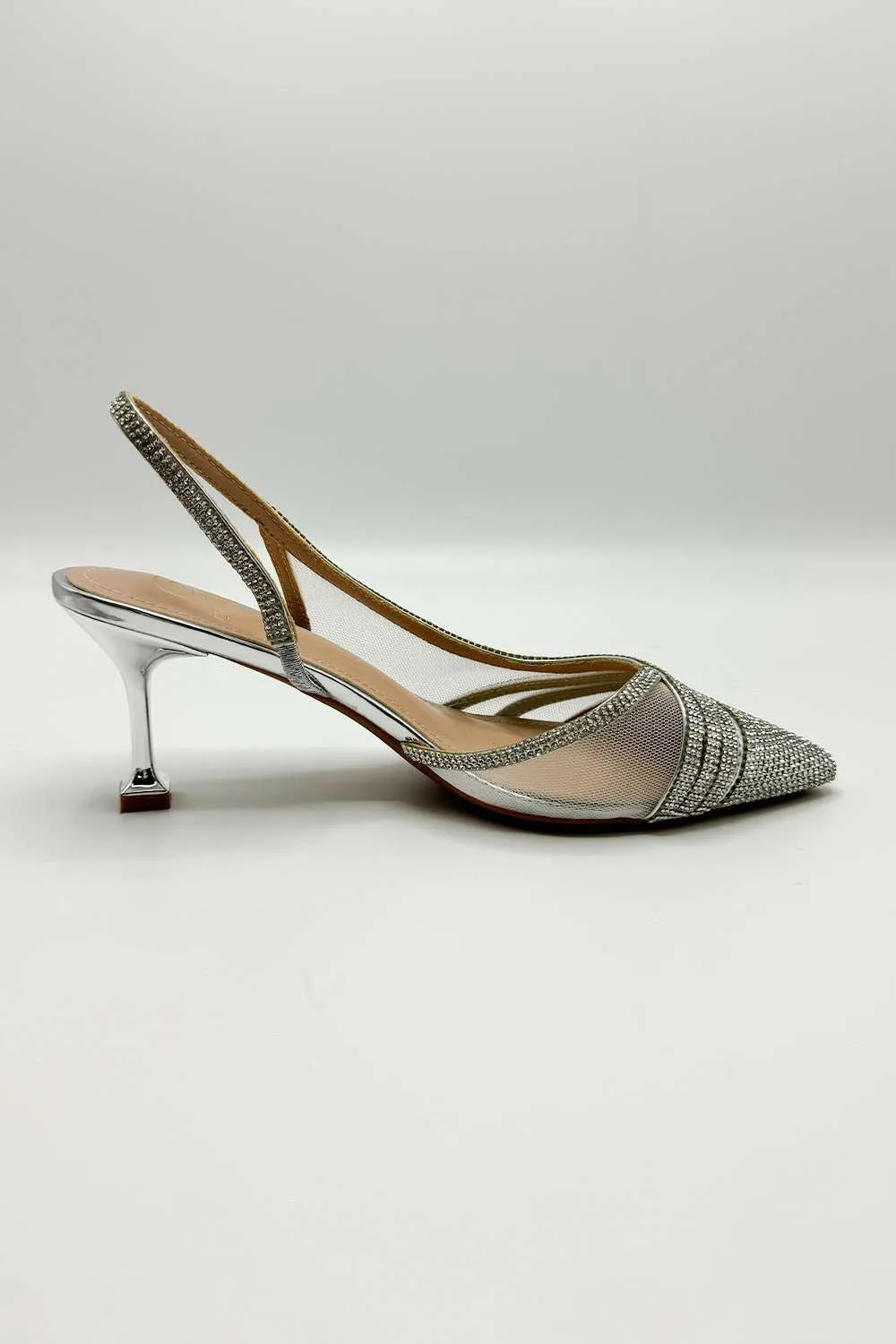 Jenn Mesh Detail Diamante Embellished Court Shoes in Silver