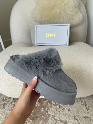 LORNA GREY FAUX FUR PLATFORM SLIPPERS