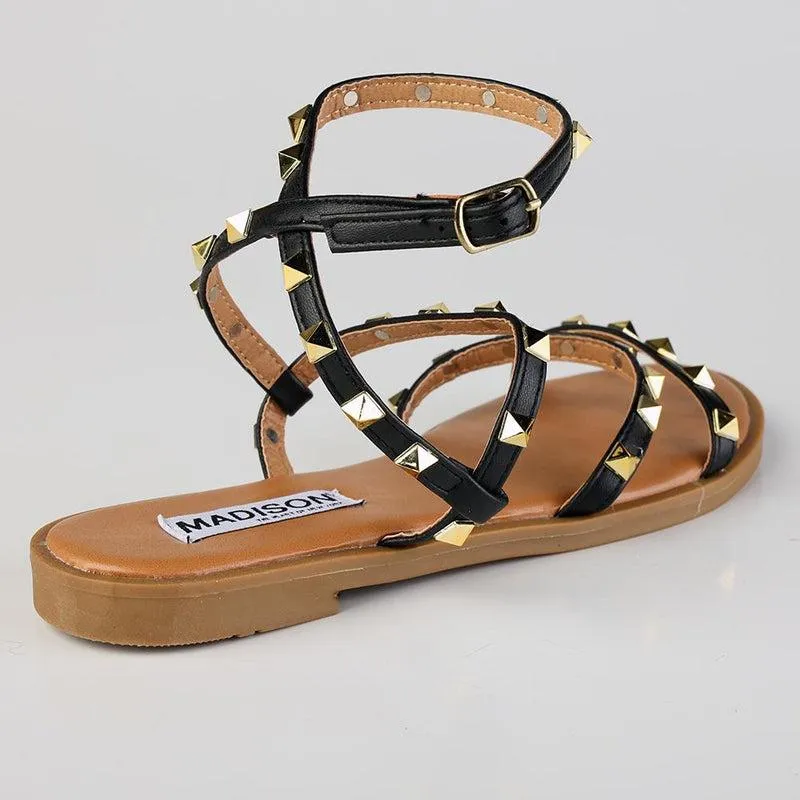 Madison Mariska Pyramid Studded Strappy Sandal - Black