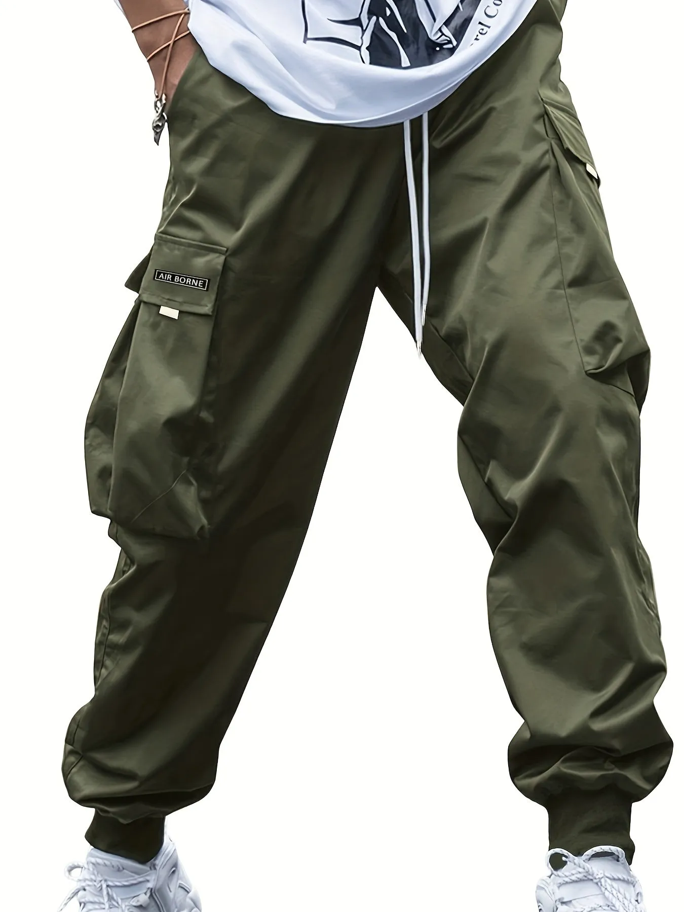 Men's Letters Pattern Solid Color Jogger Cargo Pants, Casual Comfy Multi-pocket Baggy Outdoor Trousers As Gift