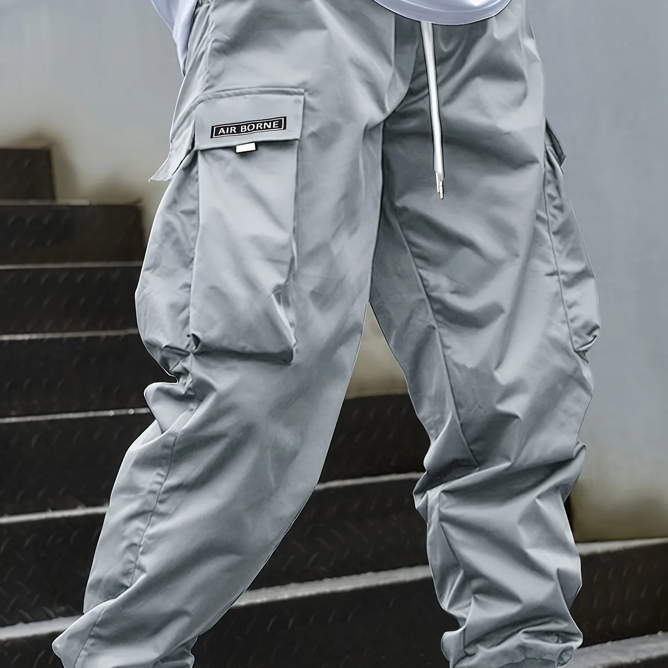 Men's Letters Pattern Solid Color Jogger Cargo Pants, Casual Comfy Multi-pocket Baggy Outdoor Trousers As Gift