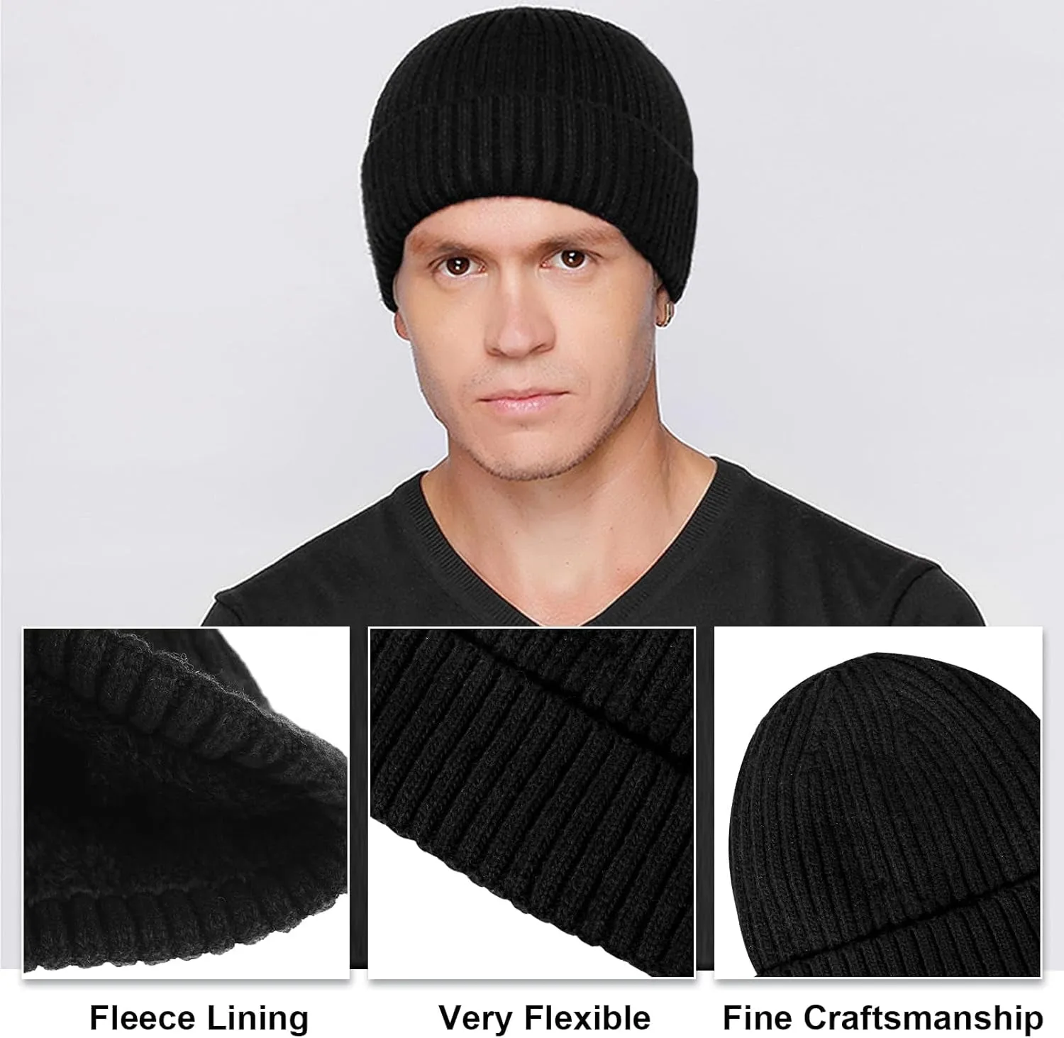 Mens Winter Hats Warm Thick Fleece Lined Knit Hat Slouchy Beanie Skull Caps Gifts Navy (Black, One Size)