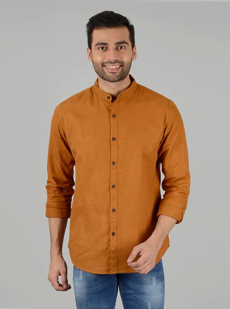 Mustard Yellow Self Textured Slim Fit Casual Shirt | Greenfibre