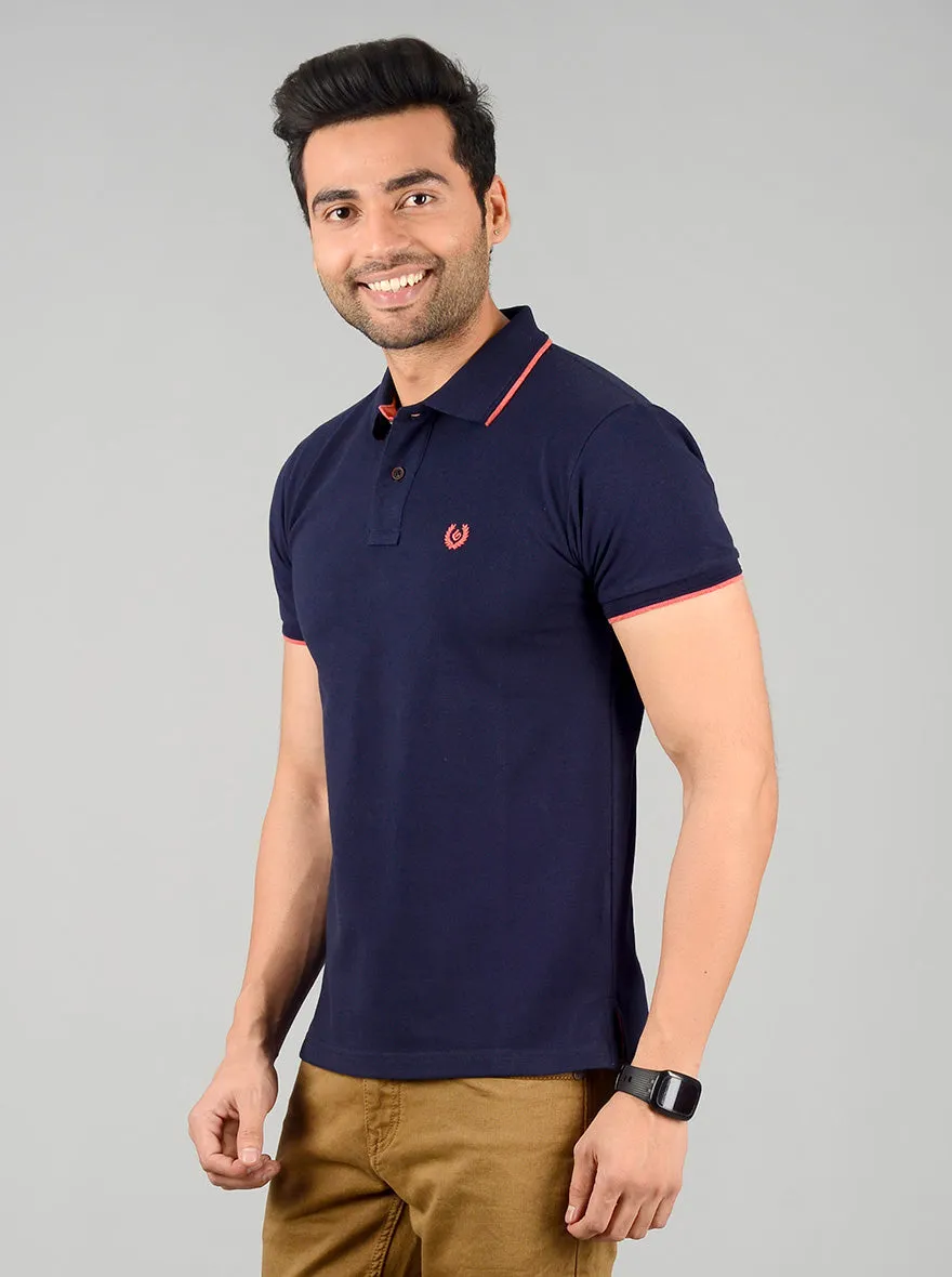 Navy Blue Solid Slim Fit Polo T-shirt | Greenfibre