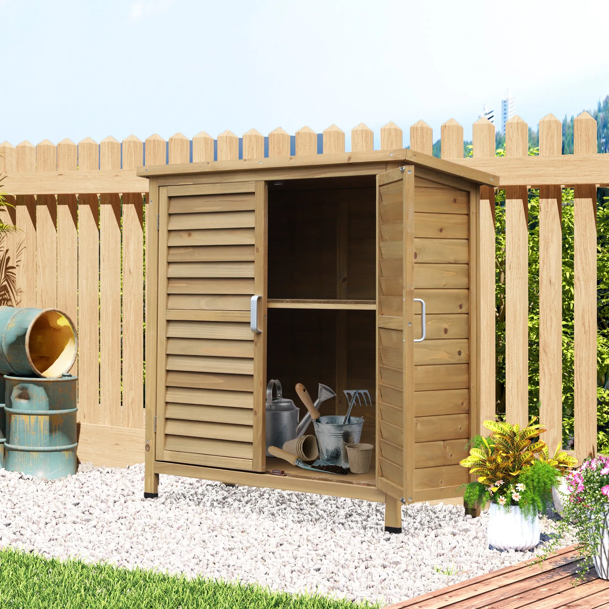 Outsunny Garden Storage Shed Solid Fir Wood Garage Organisation w/ Doors Natural