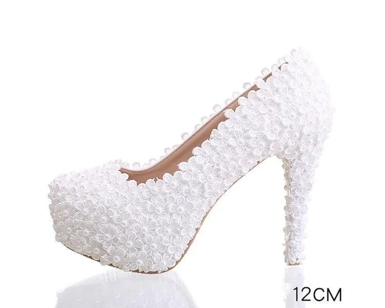 Pearls Lace Pointed Toe White High Heels Wedding Bridal Shoes, SY0124