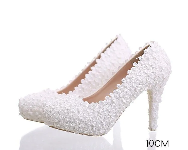 Pearls Lace Pointed Toe White High Heels Wedding Bridal Shoes, SY0124