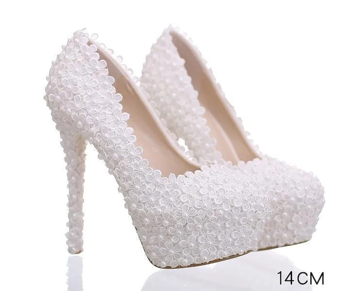 Pearls Lace Pointed Toe White High Heels Wedding Bridal Shoes, SY0124