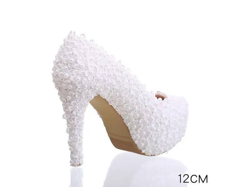 Pearls Lace Pointed Toe White High Heels Wedding Bridal Shoes, SY0124