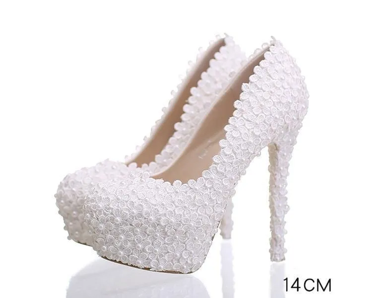 Pearls Lace Pointed Toe White High Heels Wedding Bridal Shoes, SY0124