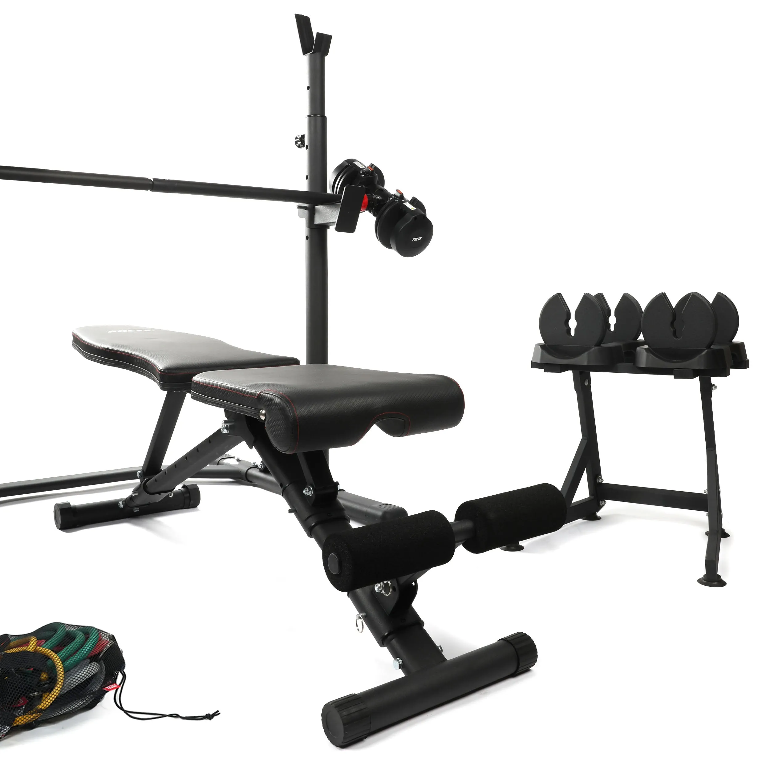 PRCTZ SP3 Homegym Bundle, Includes Two-Piece Olympic Weight Bench with Squat Rack, 6ft Modular Barbell, 10-30lb Quick Select Adjsutable Dumbbell, Resistance Tube Set