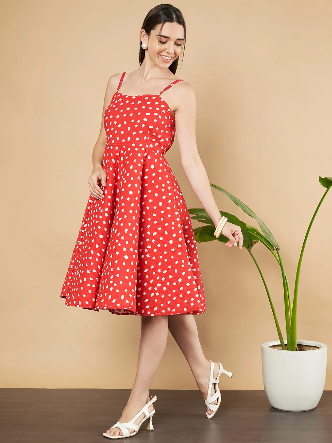 Premium Polka Dot Quilted Fit-and-Flare Dress For Women