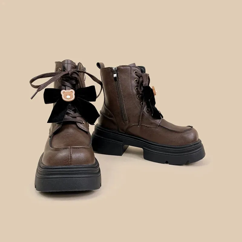 Pretty Bear and Bow Brown Leather Boots - Women's