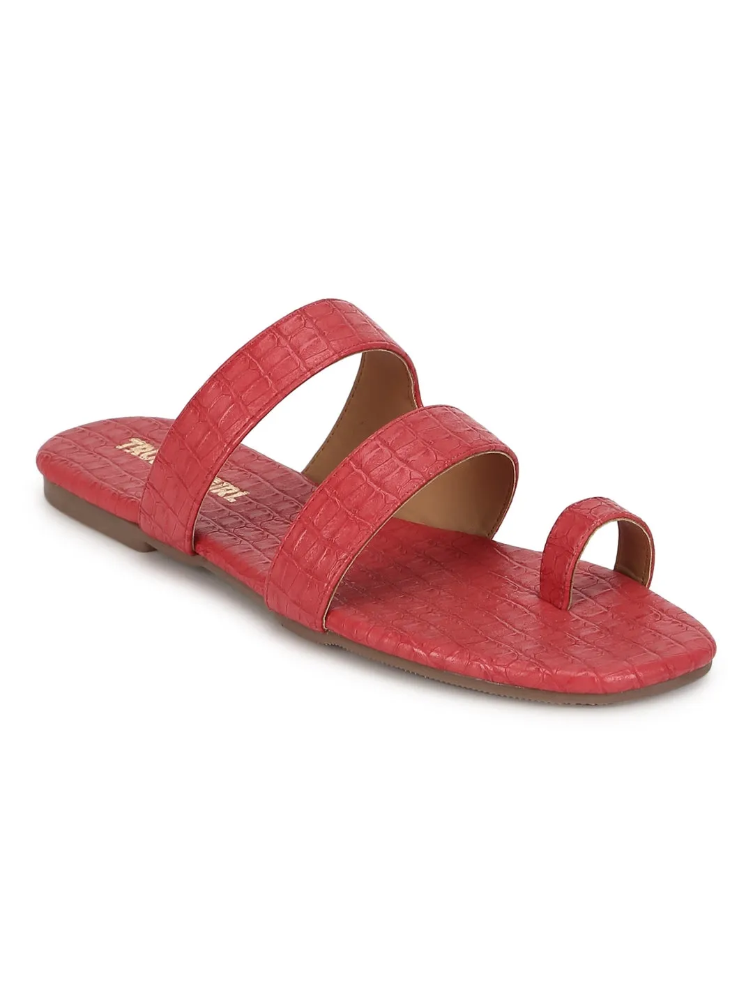 Red Croc PU Flat Slip On Sandals