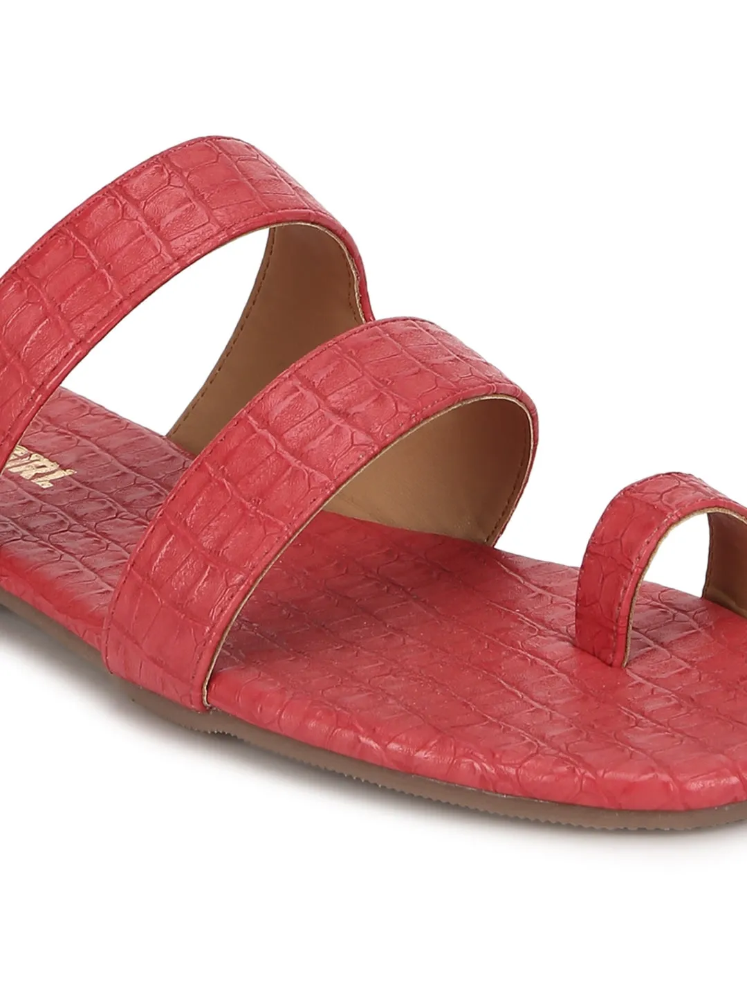 Red Croc PU Flat Slip On Sandals