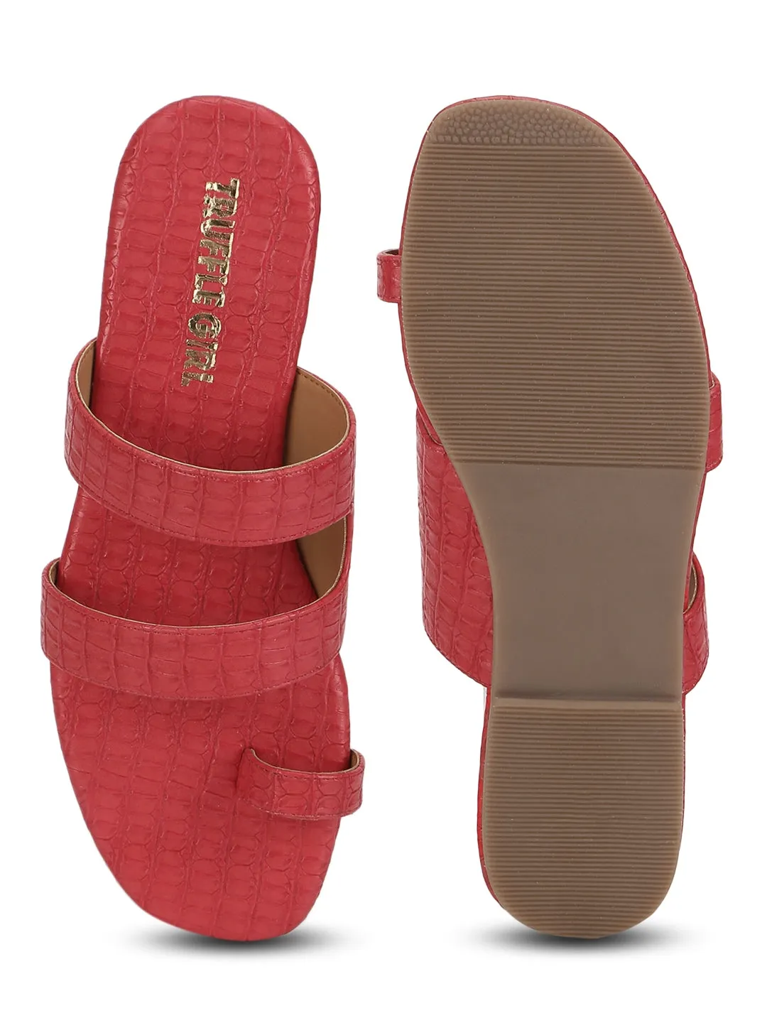 Red Croc PU Flat Slip On Sandals