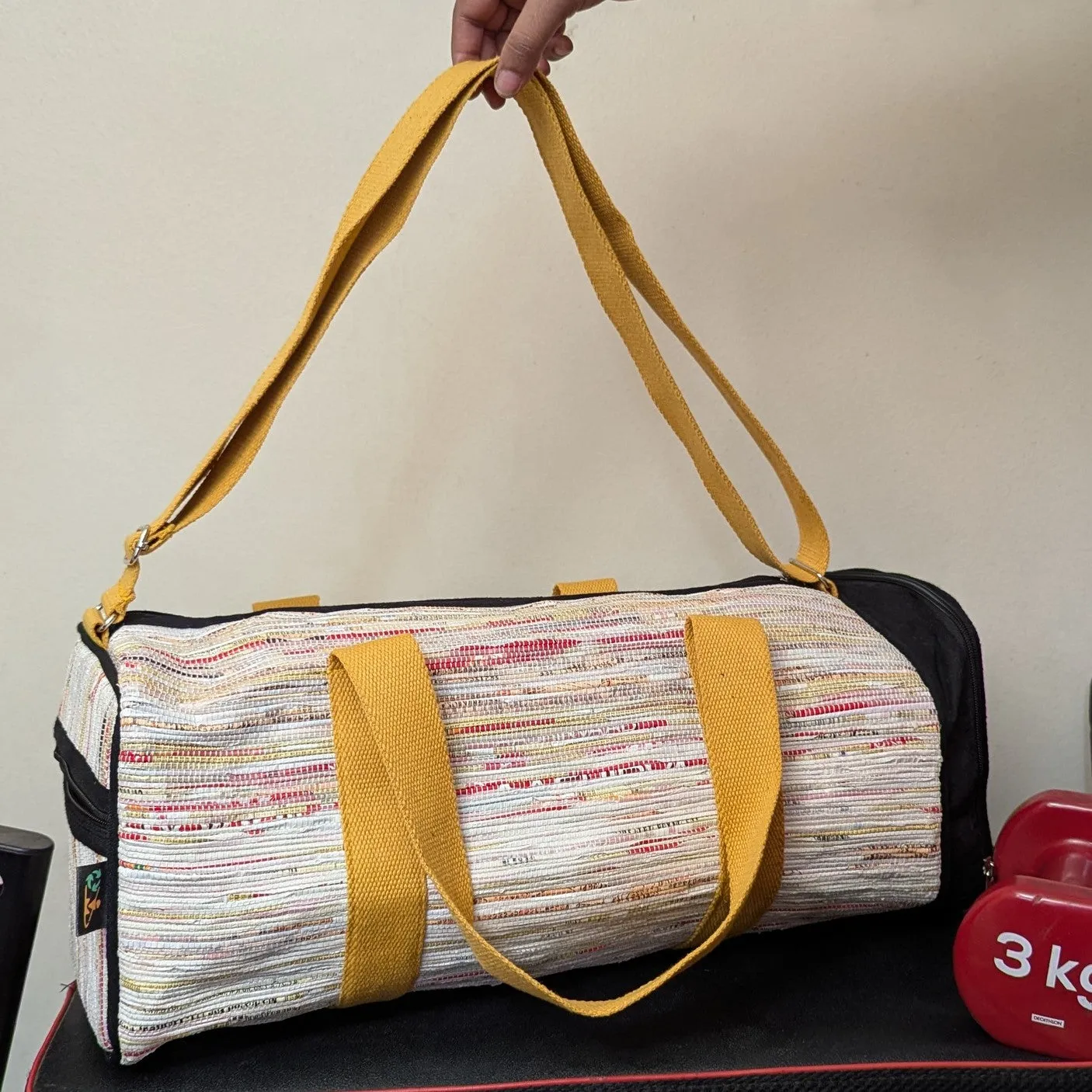 Red Yellow White Upcycled Handwoven Gym Duffle Weekender Bag (GDB1124-005)