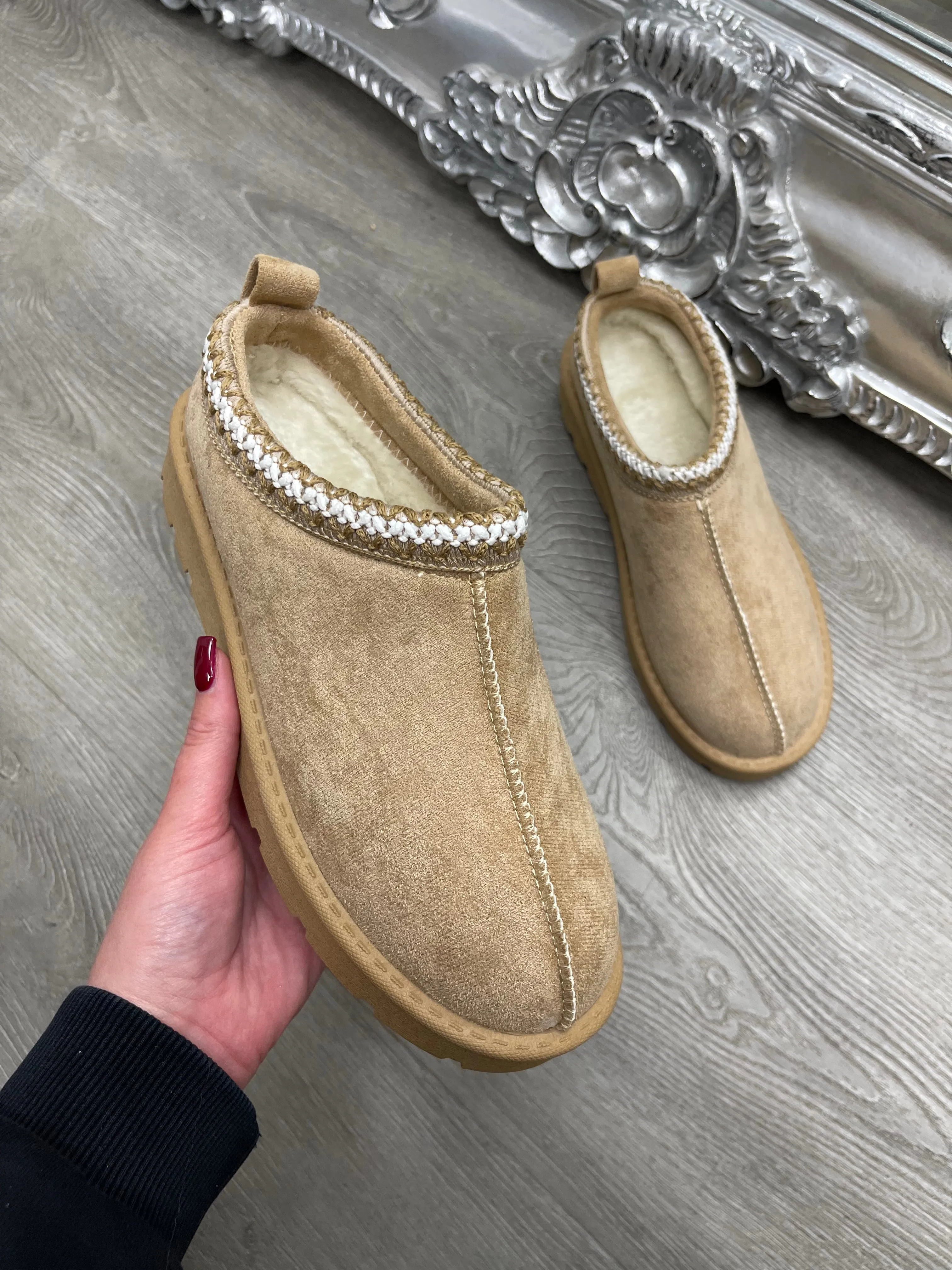 ROBYN SAND ULTRA MINI PLATFORM EMBROIDERED ANKLE SLIPPER BOOTS