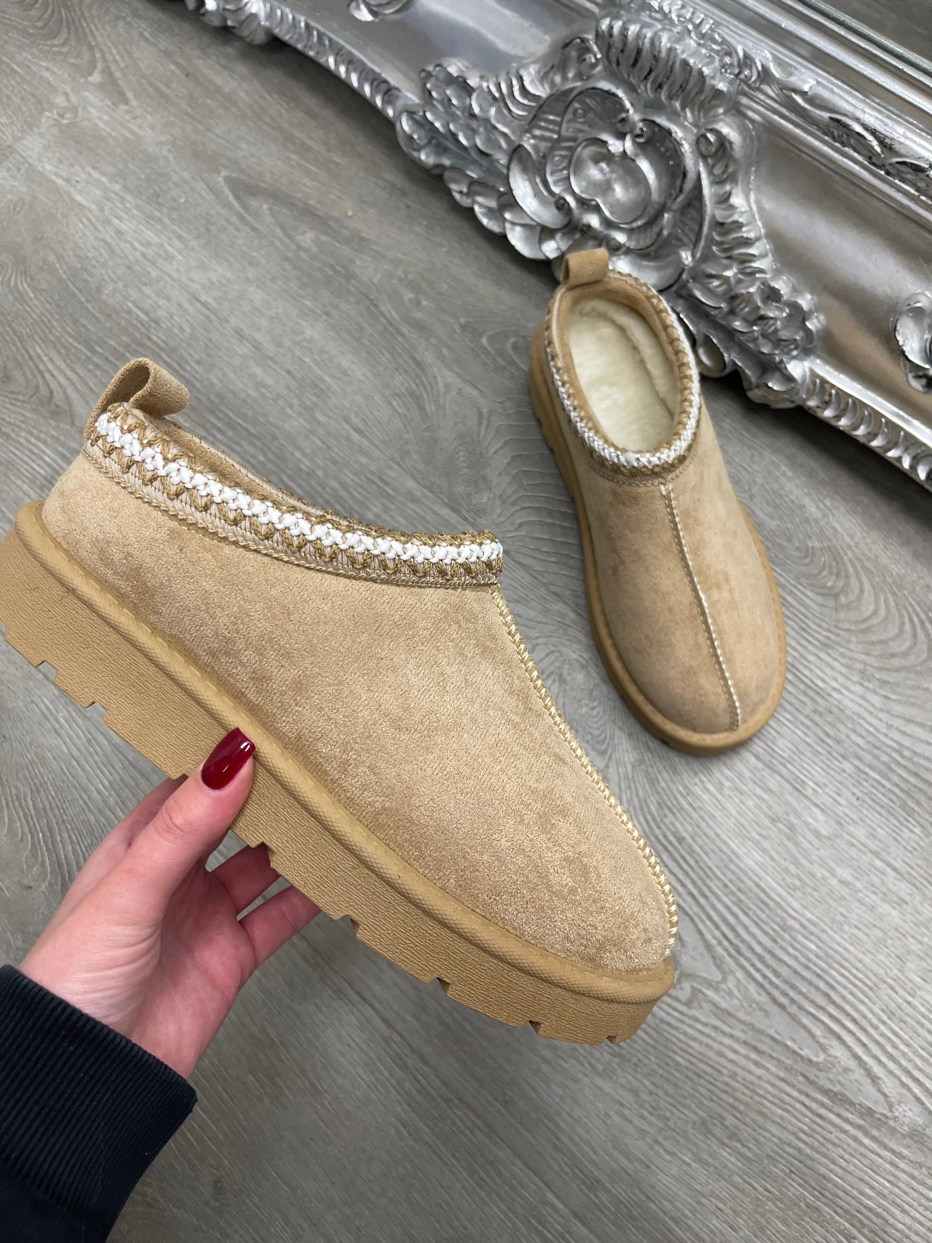 ROBYN SAND ULTRA MINI PLATFORM EMBROIDERED ANKLE SLIPPER BOOTS