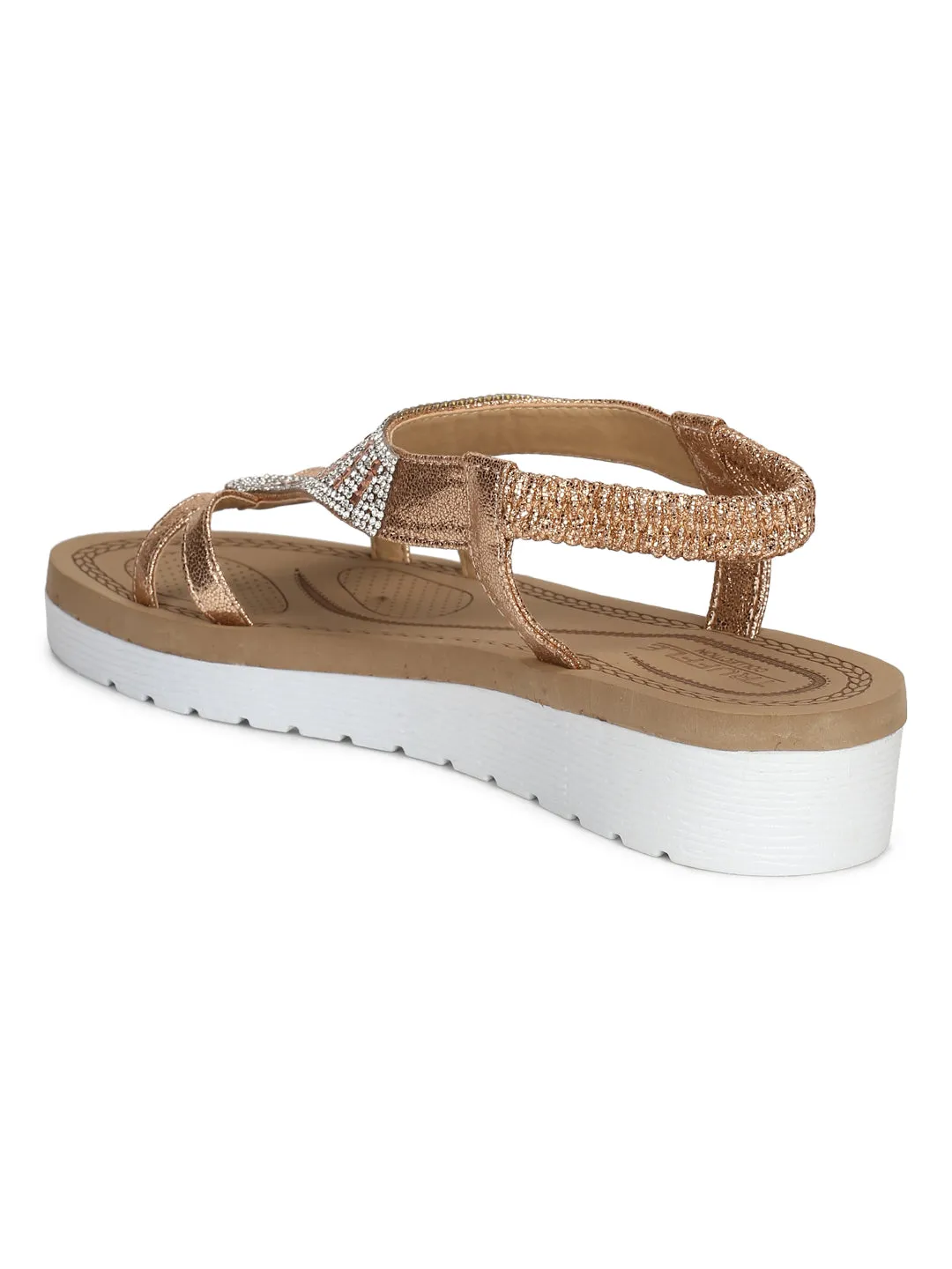 Rose Gold Met Diamante Double Strap Platform Slip-On Sandals