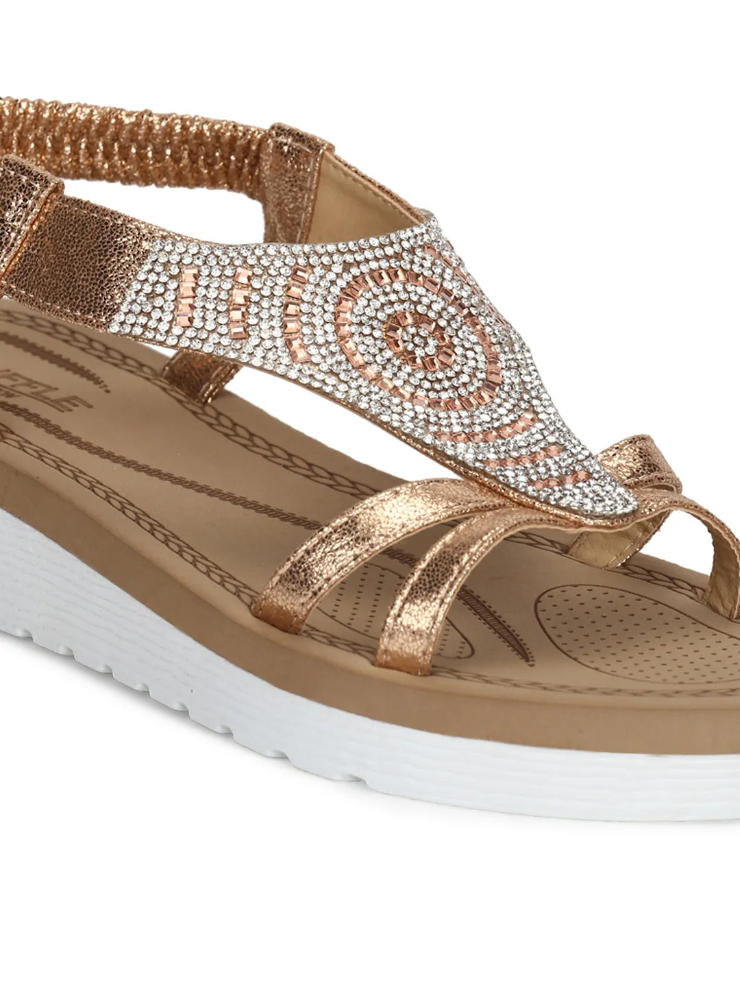 Rose Gold Met Diamante Double Strap Platform Slip-On Sandals