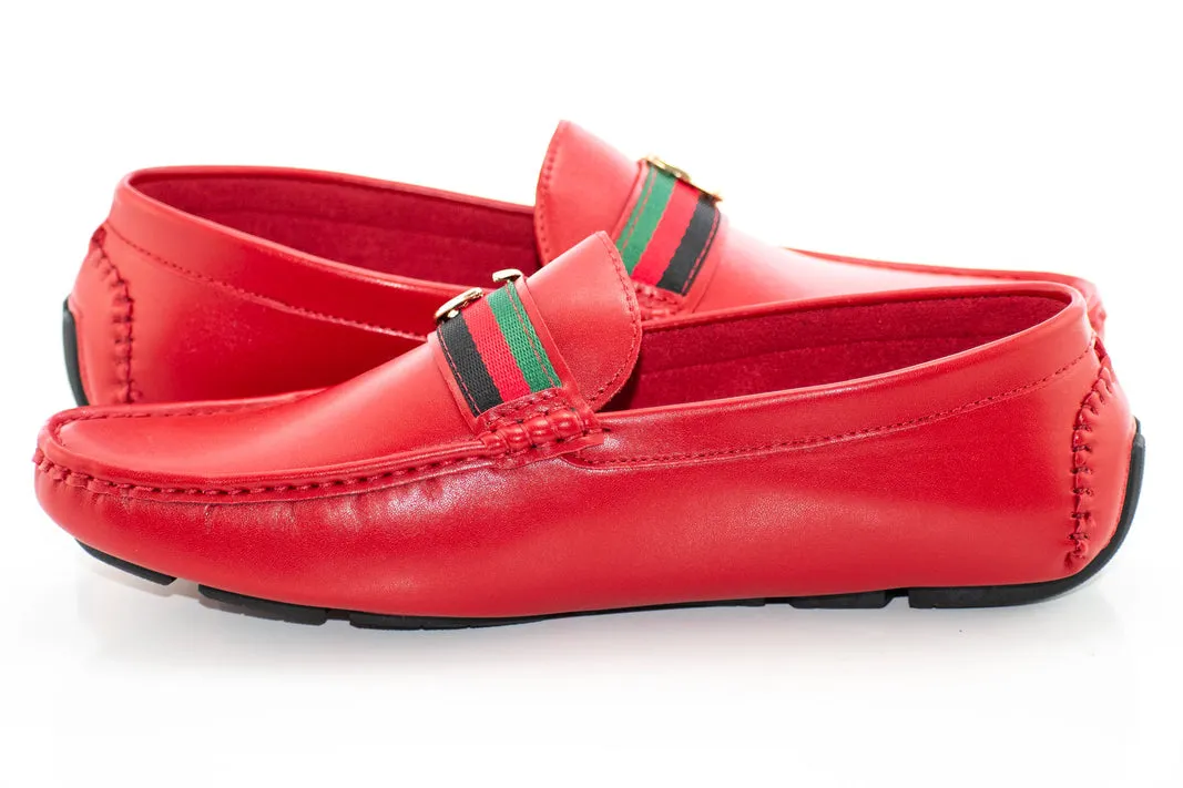 Royal shoes men's red loafer slip-on driver red and green strip with gold buckle