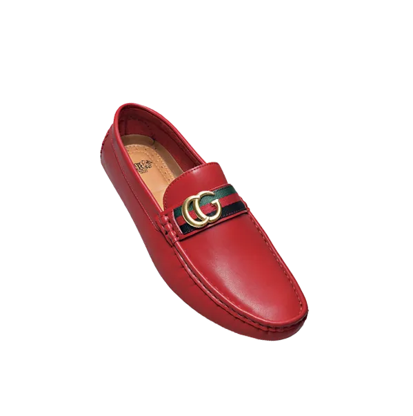 Royal shoes men's red loafer slip-on driver red and green strip with gold buckle