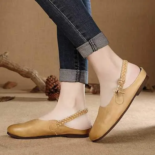 SOCOFY Genuine Leather Pure Color Elastic Band Soft Slingback Flat Shoes