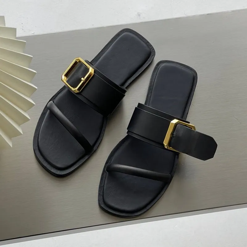 Soft Leather Women Summer Slippers with Buckle Detail Handmade in Black