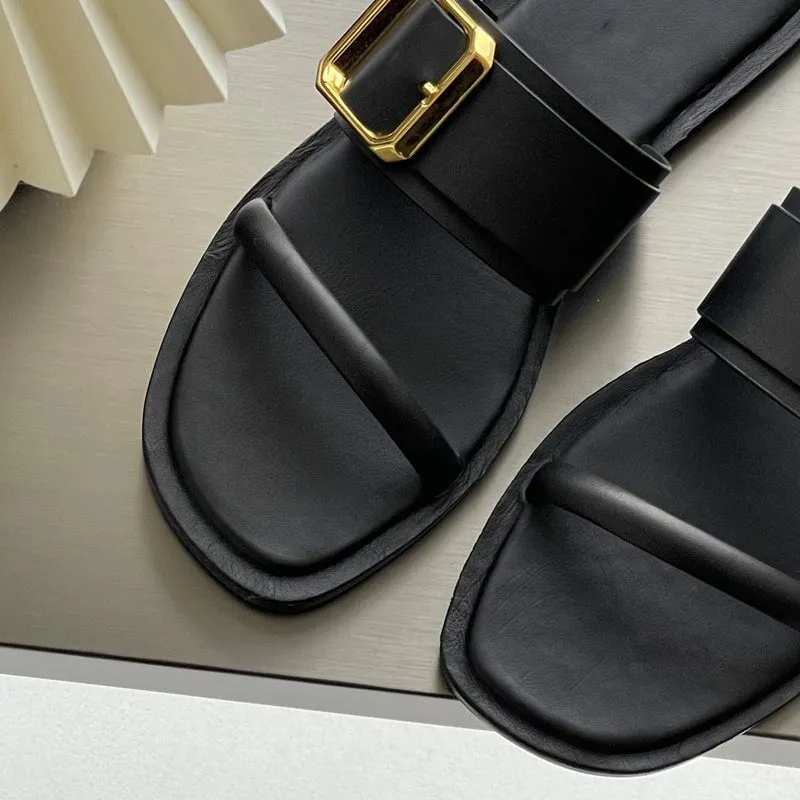 Soft Leather Women Summer Slippers with Buckle Detail Handmade in Black