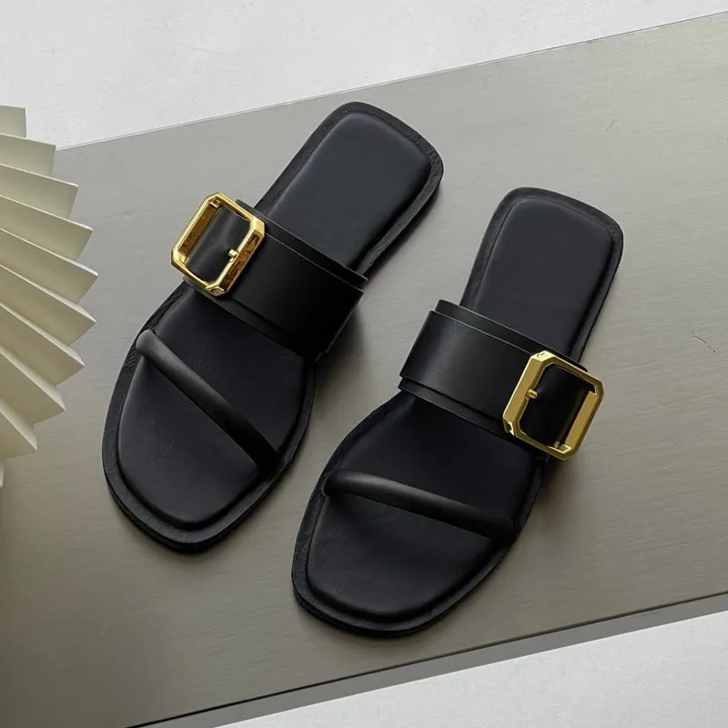 Soft Leather Women Summer Slippers with Buckle Detail Handmade in Black