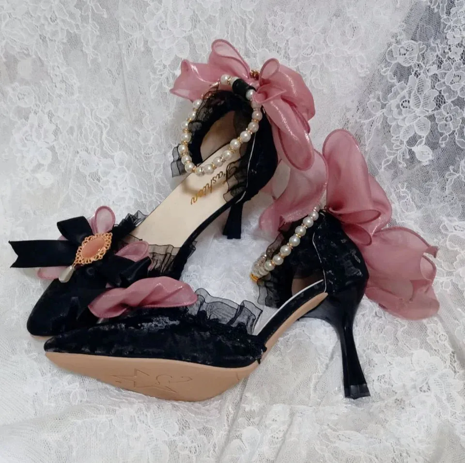 Sohiwoo Lolita Bridal Wedding Stiletto High Heels 6-8cm Shoes Bow Lady Girls Sweet Pointed Toe Princess Kawaii Tea Party Cute Lo Shoes