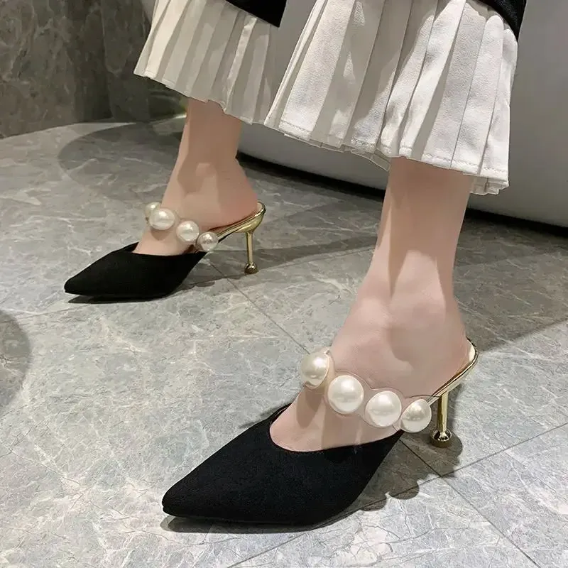 Sohiwoo Pearl Black Sandals Women Summer Autumn Shoes Woman Thin Heels 2024 Womens Outdoor High Heels Woman mules