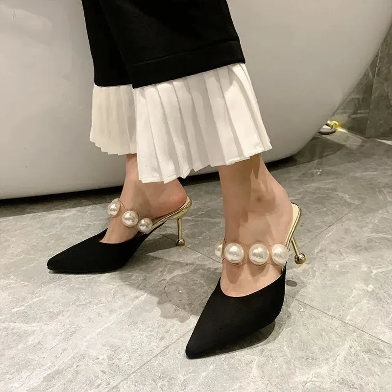 Sohiwoo Pearl Black Sandals Women Summer Autumn Shoes Woman Thin Heels 2024 Womens Outdoor High Heels Woman mules