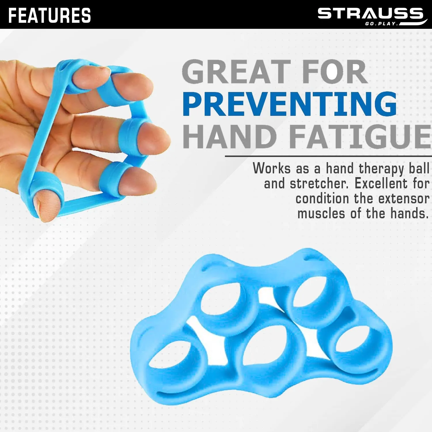 Strauss Finger Stretcher | Hand Strengthener for Carpal Tunnel Relief and Grip Strength | Silicone Finger Gripper and Finger Stretcher | Ideal for All Skill Levels, (Blue)