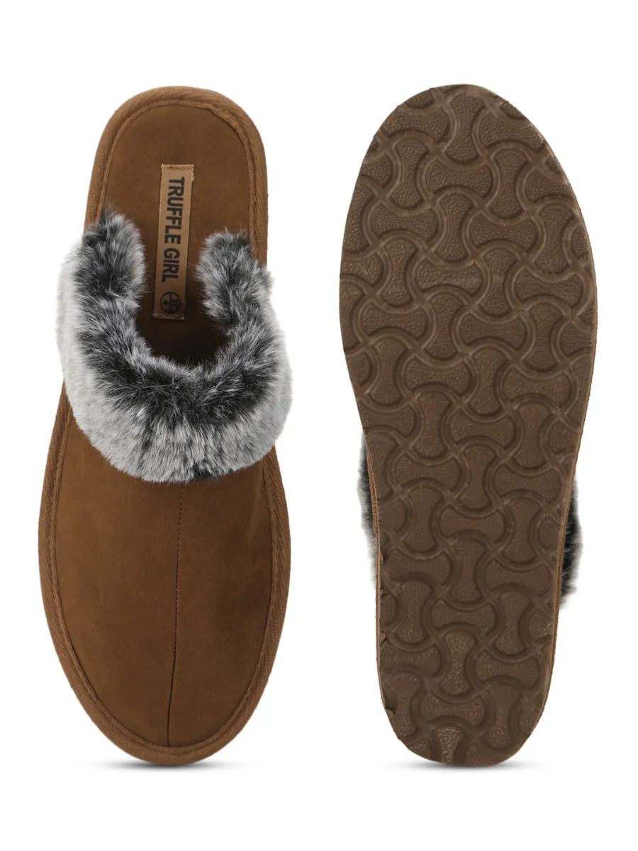 Tan Micro Fuzzy Slippers With Faux Fur