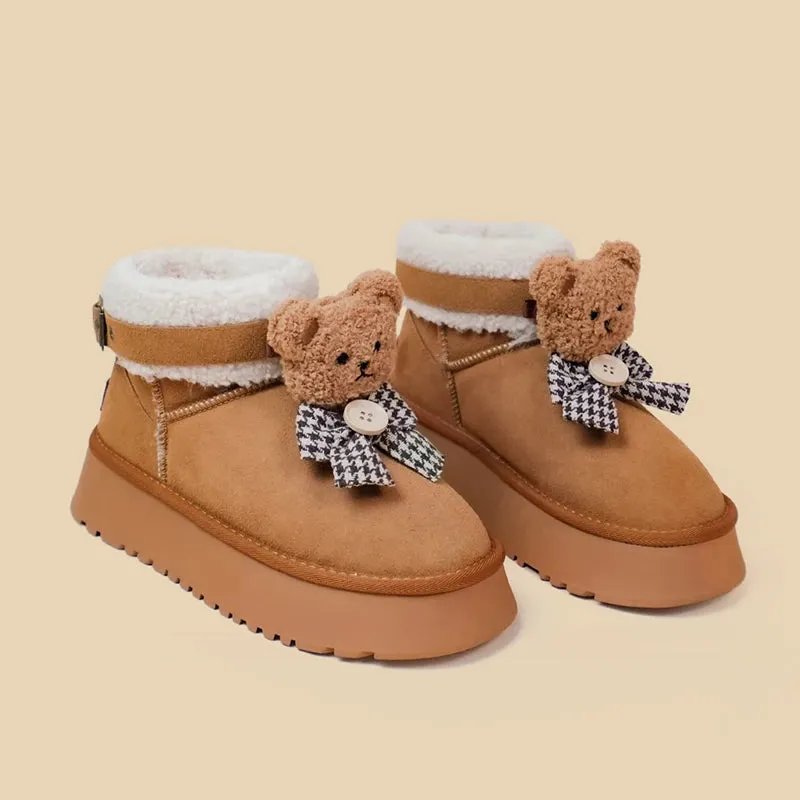 Ultra Soft Plush Bears and Bows Buckle Ankle Boots - Women's