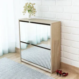 vidaXL Shoe Cabinet 2-Layer Mirror Oak 63x17x67 cm