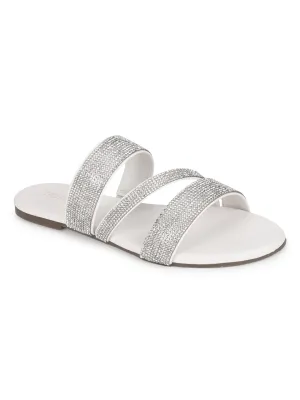 White PU Strappy Diamante Slip Ons (TC-ST-1214-WHT)