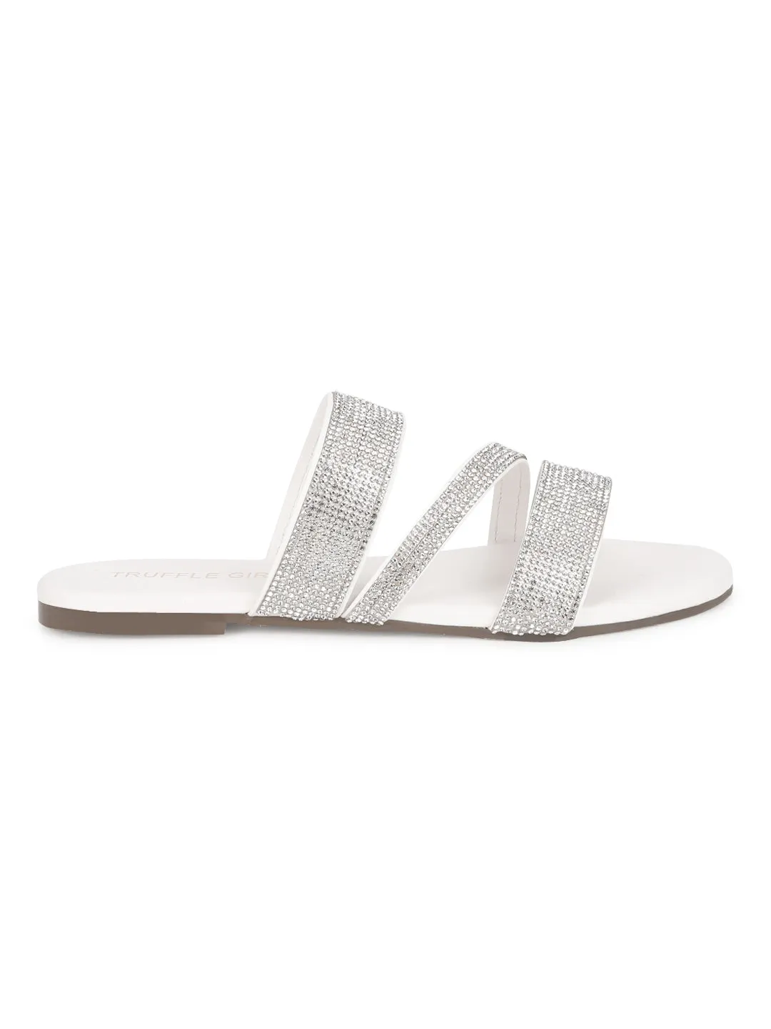 White PU Strappy Diamante Slip Ons (TC-ST-1214-WHT)