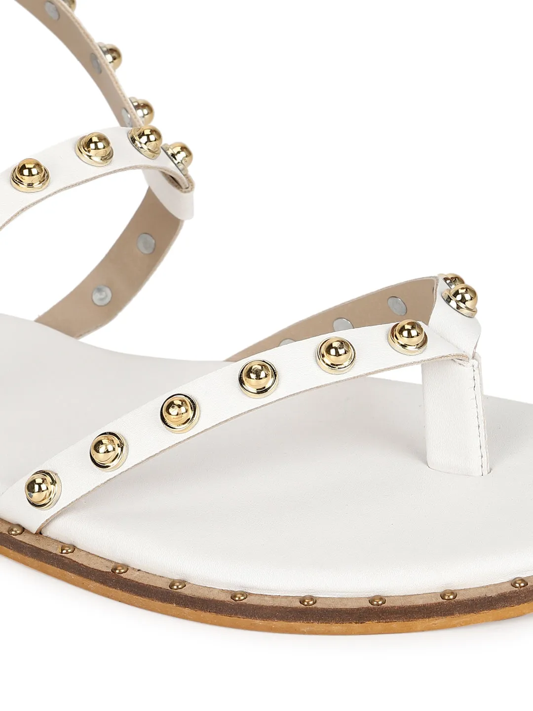 White PU Studded Flat Sandals (TC-ST-1209-WHT)