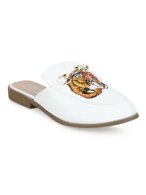 White PU Tiger Detailed Open Back Flat Loafer