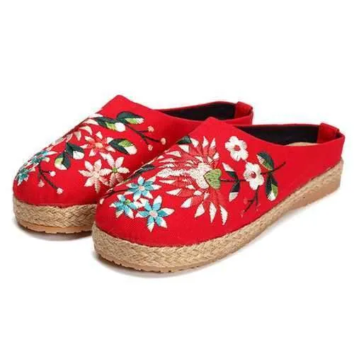 Women Embroidery Flats Flax Casual Floral Slipper