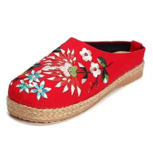 Women Embroidery Flats Flax Casual Floral Slipper