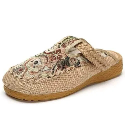 Women Flats Cartoon Flax Outdoor Embroidery Slipper