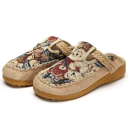 Women Flats Cartoon Flax Outdoor Embroidery Slipper