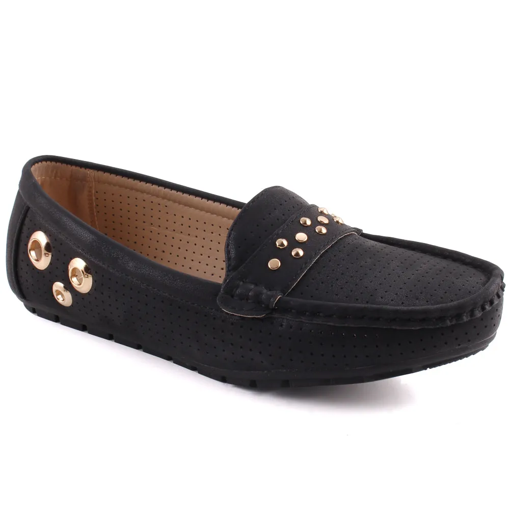 Women “PANSY” Perforated Vamp  Sequins Detailed Moccasin Shoes