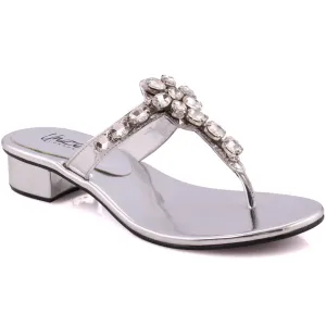 Women “TACITA” Diamond Encrusted T-Strap Low Block Heel Slip On Slippers